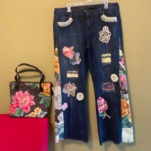 Upcycled. Jennifer Lopez Floral Patchwork Wide Leg Jeans with small bag